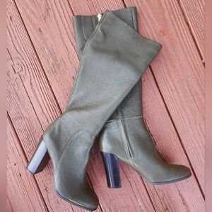 Olive Green Block Heeled Knee High Leather Boots - KENNETH COLE - Size 7